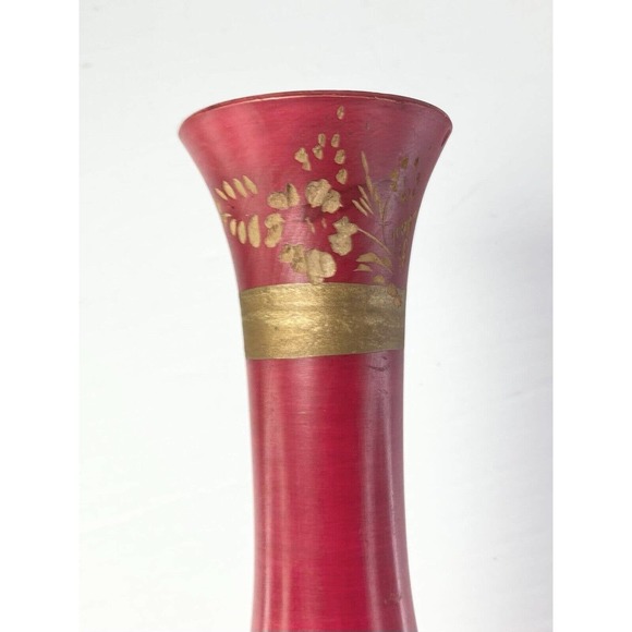 2 Matching Handmade & Painted Red Wooden Vases w/Applied Gold Floral Motif 10.5” - Picture 7 of 8
